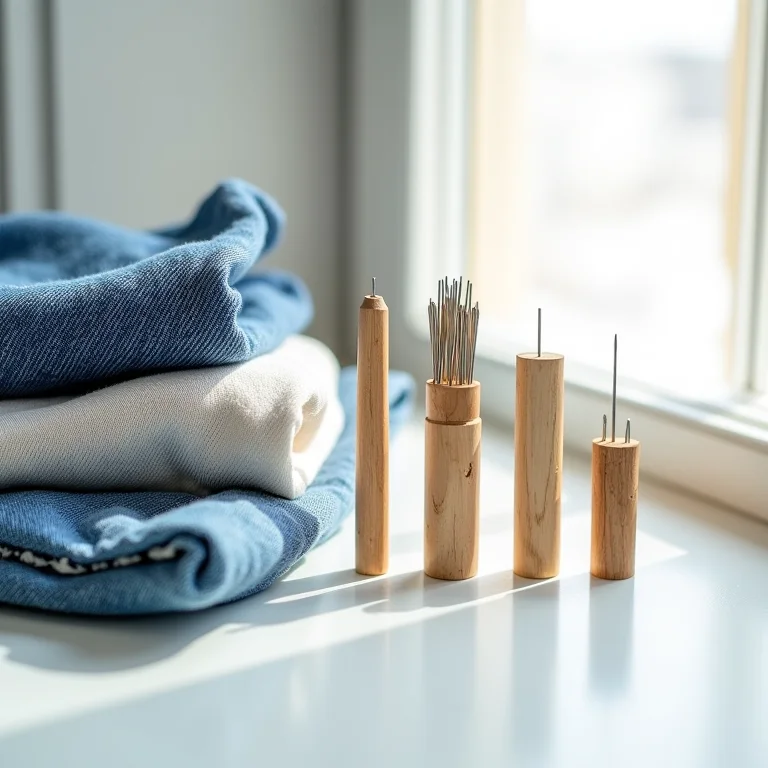 Agulhas de costura de diferentes tamanhos e tecidos variados