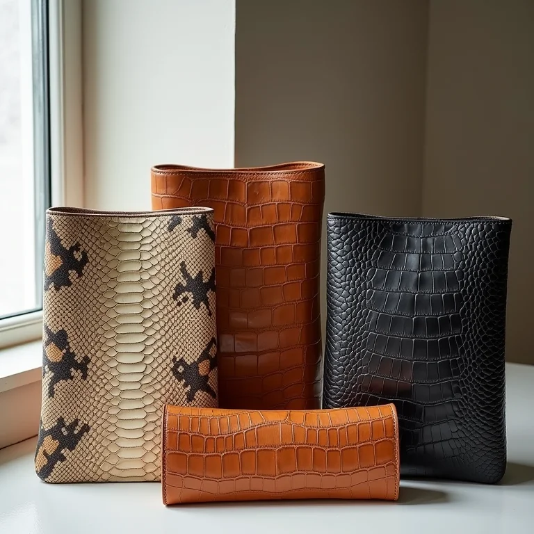 Amostras de diferentes tipos de couro exótico