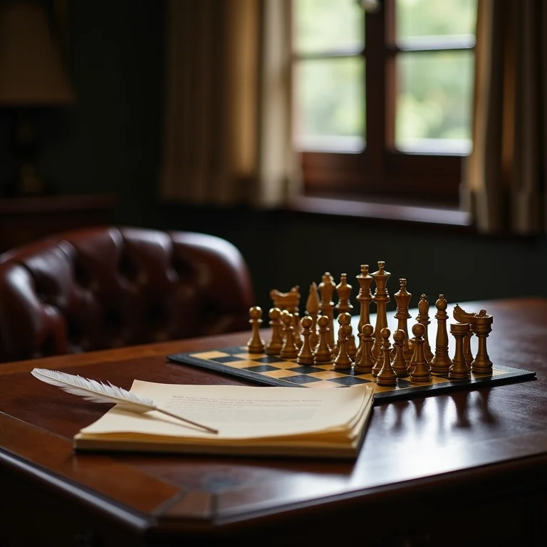 Antigo conjunto de xadrez exibido em uma mesa polida.