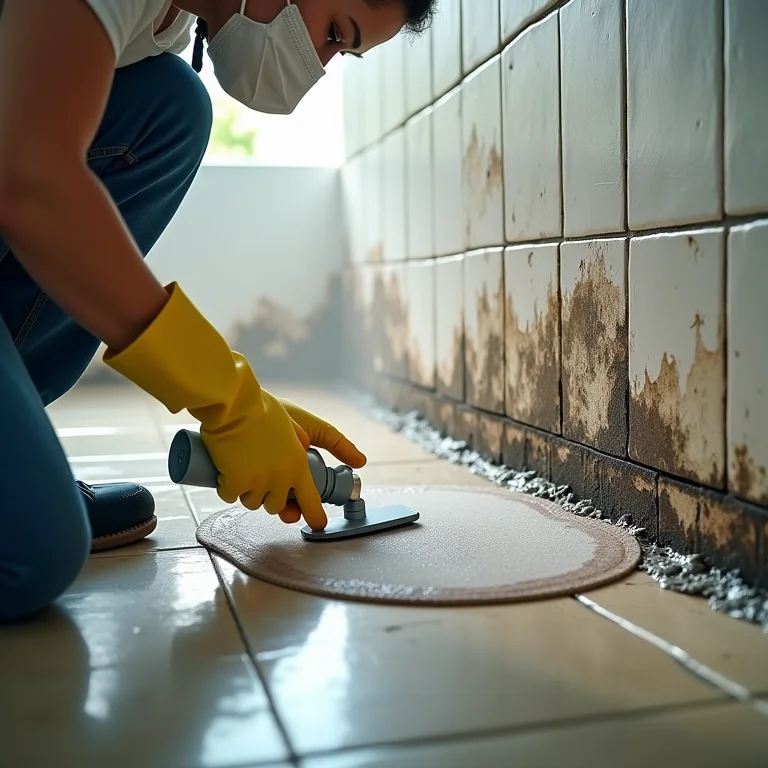 Aplicação de produto de limpeza potente em azulejos com bolor