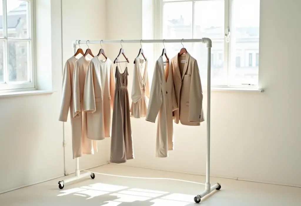 Arara de Roupas de PVC: Guia completo, do corte à montagem Arara de roupas de PVC minimalista em um quarto bem iluminado