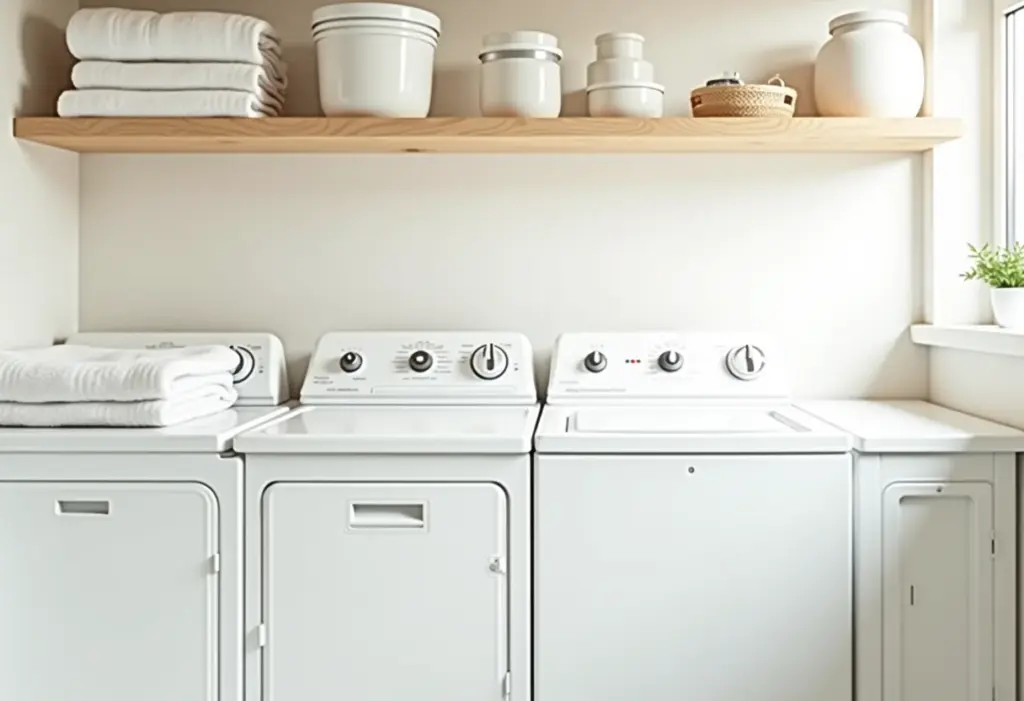 Área de serviço organizada com prateleiras abertas e iluminação natural