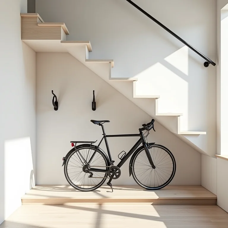 Armazenamento de bicicleta minimalista embaixo da escada com ganchos