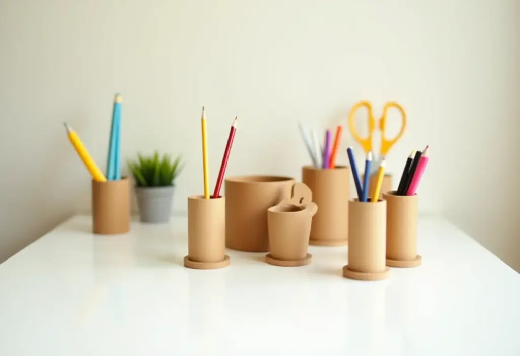 Arranjo de porta-lápis de papelão artesanais em mesa de trabalho organizada.