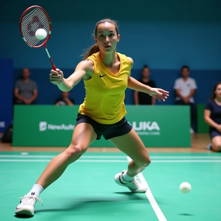 Atleta de badminton paralímpico executando um 'drop shot'.