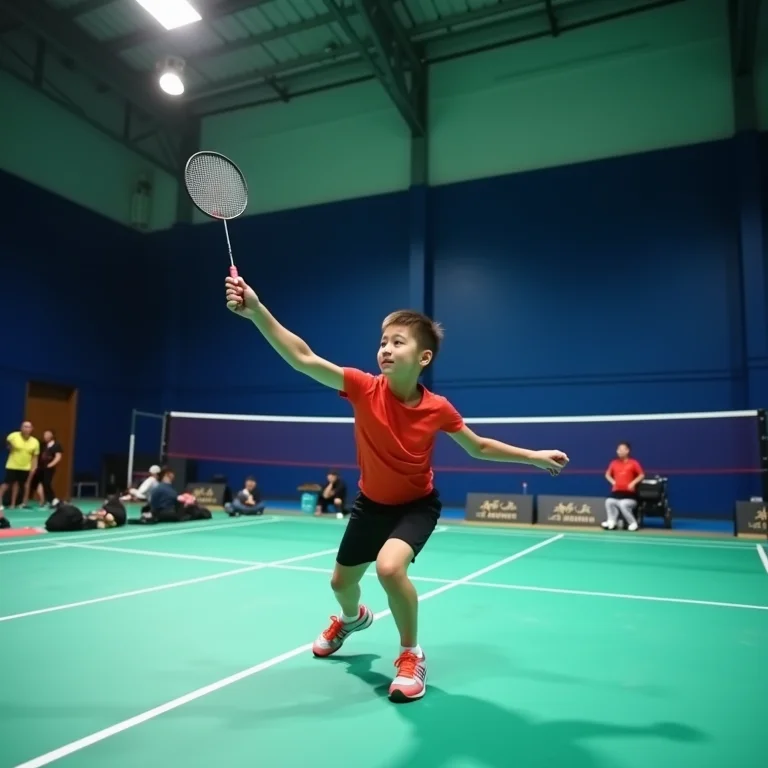 Atleta de badminton paralímpico se alongando para alcançar uma peteca.