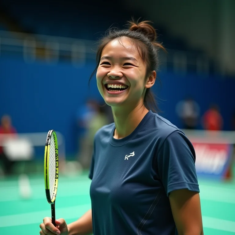 Atleta de badminton paralímpico sorrindo após vencer uma partida.