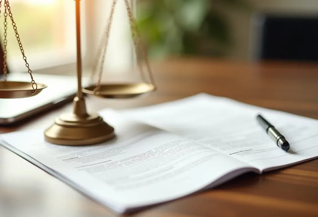 Balança da justiça e documentos legais sobre mesa de madeira, representando pequenas causas.
