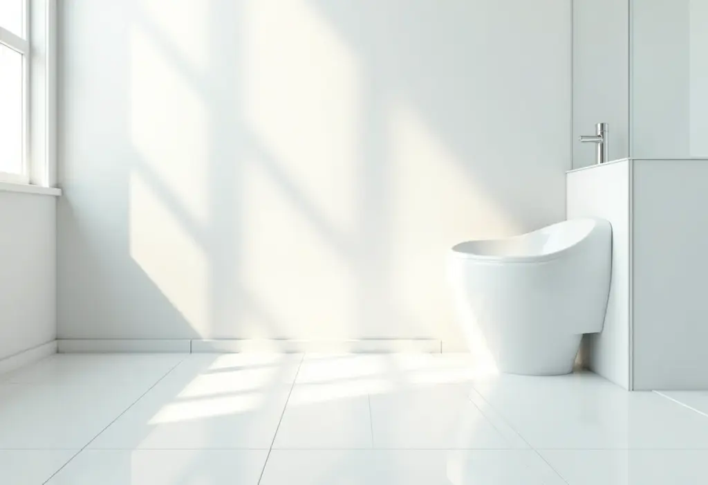 Banheiro impecável com azulejos brancos e limpos, iluminado por luz natural suave