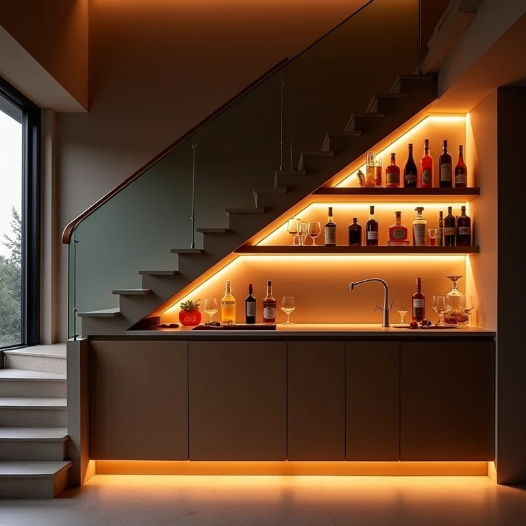 Bar elegante e moderno embaixo da escada com iluminação sofisticada