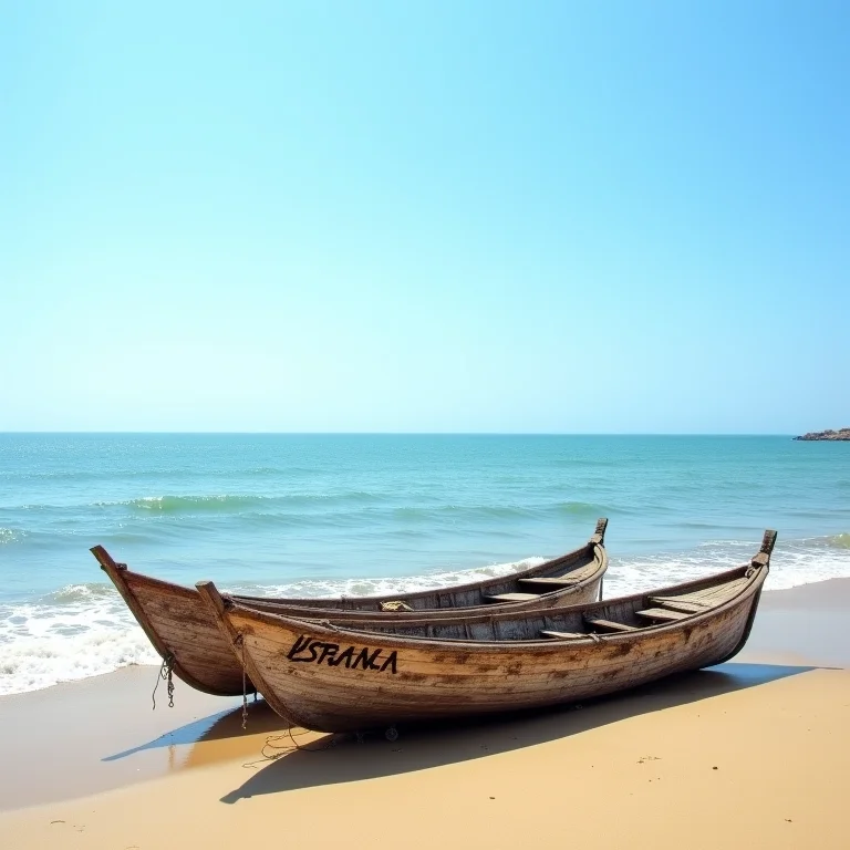 Barcos de pesca rústicos na Praia de Galinhos, Rio Grande do Norte
