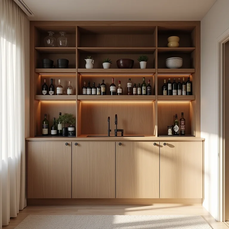 Barzinho compacto aproveitando espaço em canto da sala