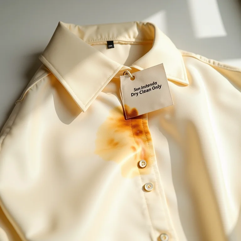 Blusa de seda com mancha e etiqueta de lavagem a seco