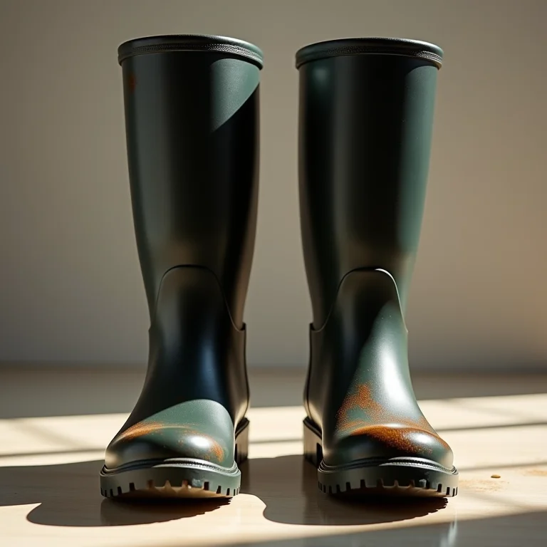 Botas de borracha manchadas antes e depois da limpeza profunda