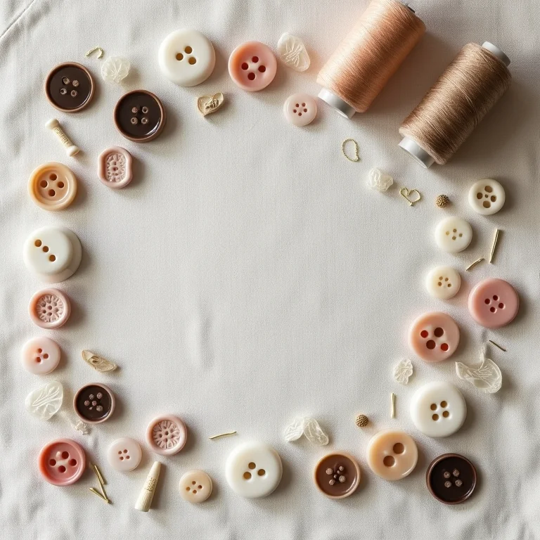 Botões caídos e materiais de costura em fundo de linho
