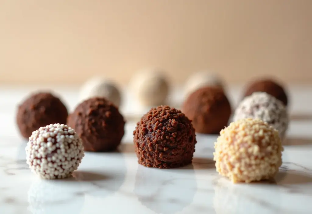 Brigadeiros gourmet variados dispostos elegantemente.