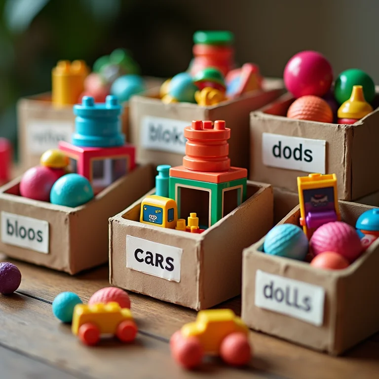 Brinquedos sendo separados em categorias diferentes, com etiquetas indicando os tipos, demonstrando a importância da classificação.