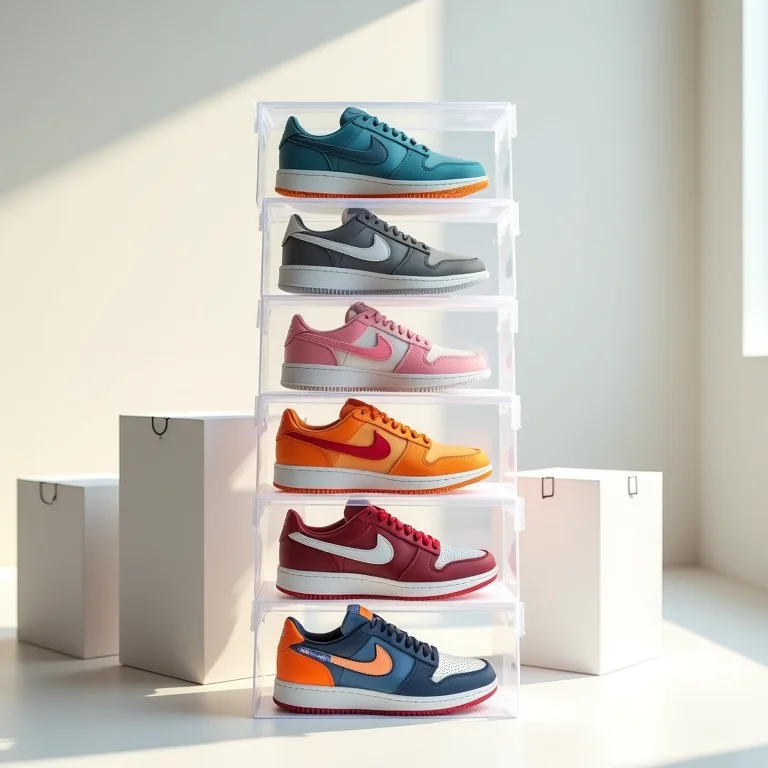Caixas transparentes empilhadas com tênis coloridos