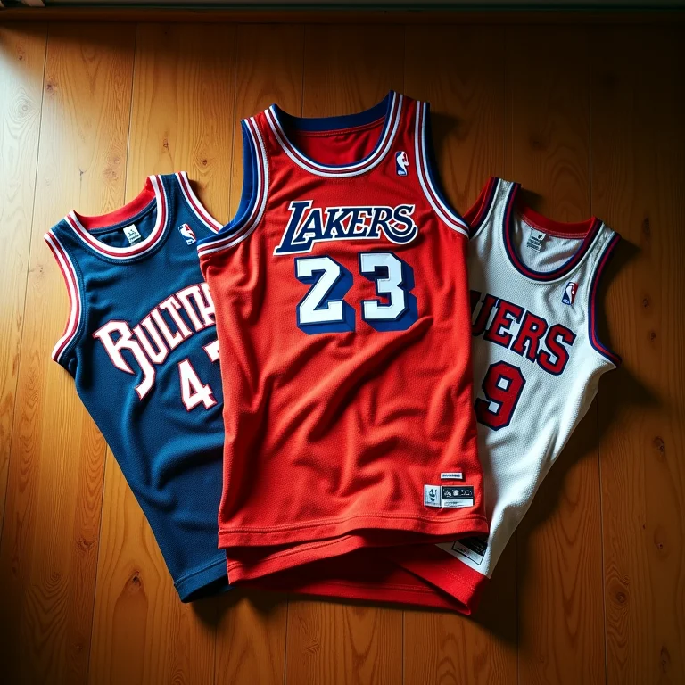 Camisetas e itens de colecionador da NBA dispostos em uma composição elegante.