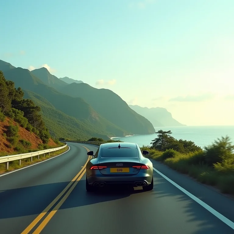 Carro dirigindo em estrada costeira cênica em direção a Tibau do Sul