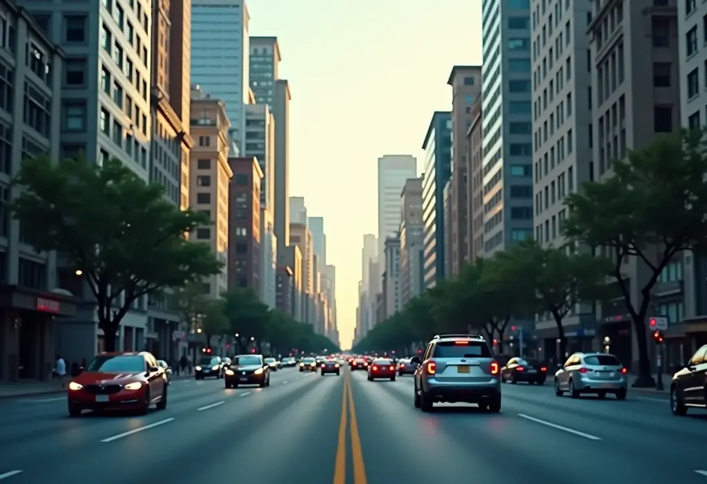 Carros trafegando em uma cidade moderna com o aplicativo Waze indicando o caminho.