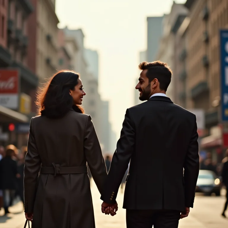 Casal de mãos dadas em meio ao caos urbano.