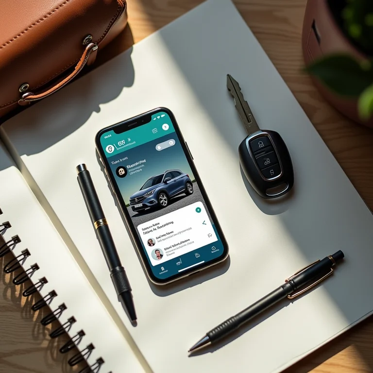 Celular mostrando anúncio de carro na OLX com acessórios de carro ao redor.