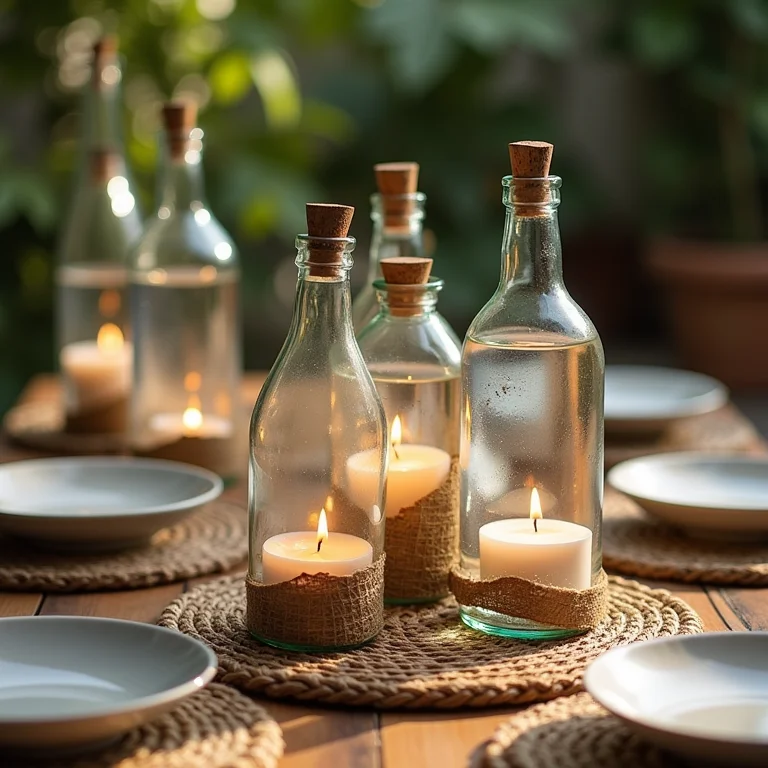 Centro de mesa rústico e elegante com garrafas de vidro e velas flutuantes