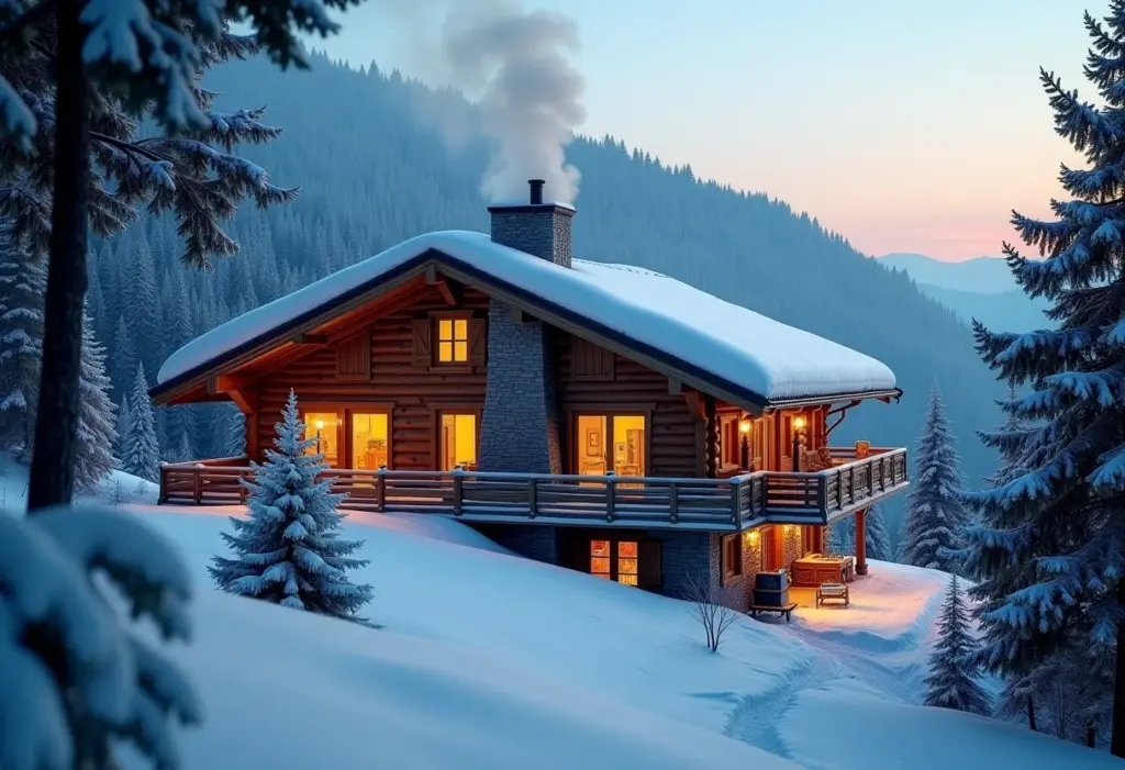 Chalé aconchegante em Campos do Jordão coberto de neve ao entardecer