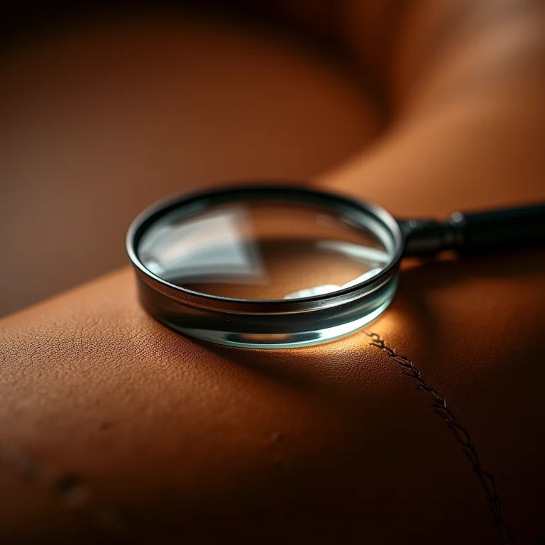Close-up da textura do couro nobuck com lupa, enfatizando a qualidade do material.