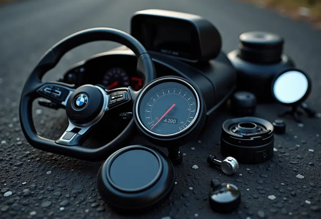 Close-up de componentes automotivos em asfalto.