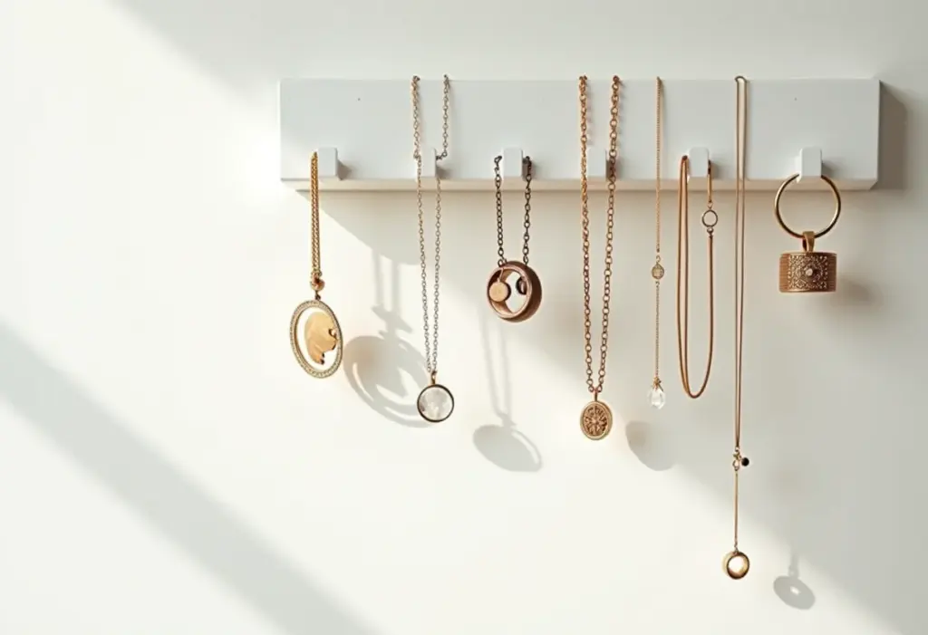 Close-up de um porta-joias de parede com acessórios delicados