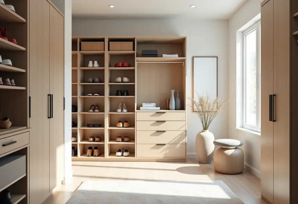 Closet organizado com diversas soluções criativas para guardar sapatos