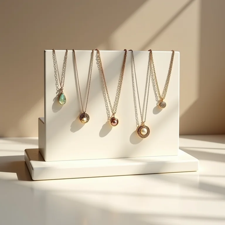 Colares expostos em porta colares de mesa