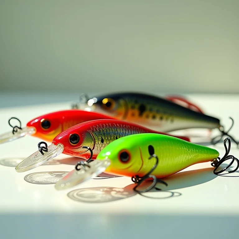 Coleção de iscas artificiais coloridas dispostas em uma superfície neutra
