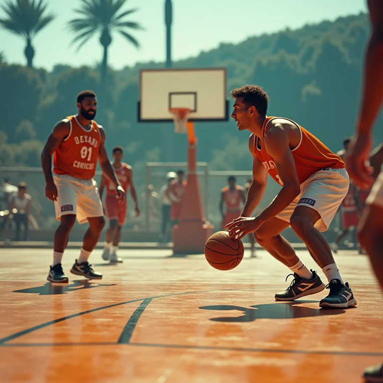 Composição dinâmica com cenas de basquete, entrevistas e filmagens antigas.