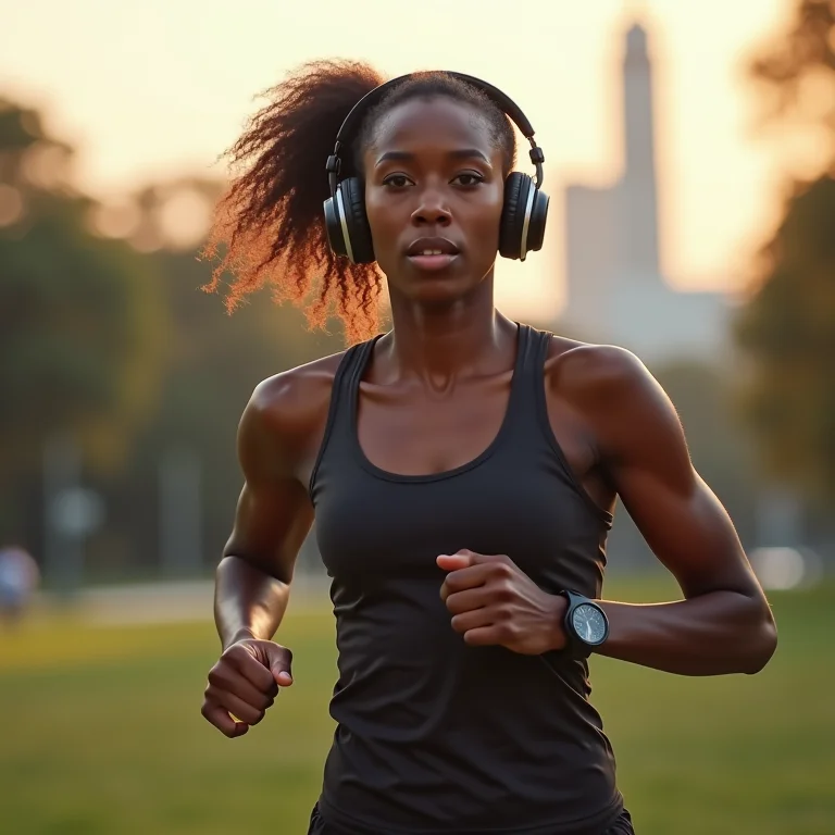 Corredora negra ouvindo música com fones de ouvido.