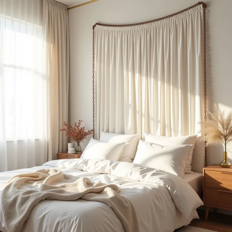 Cortina de correntes como cabeceira em um quarto com estilo boêmio.