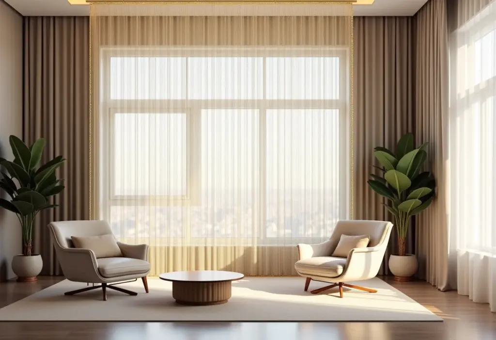 Cortina de correntes: o guia completo para um efeito moderno e único Cortina de correntes dividindo um espaço moderno e elegante.