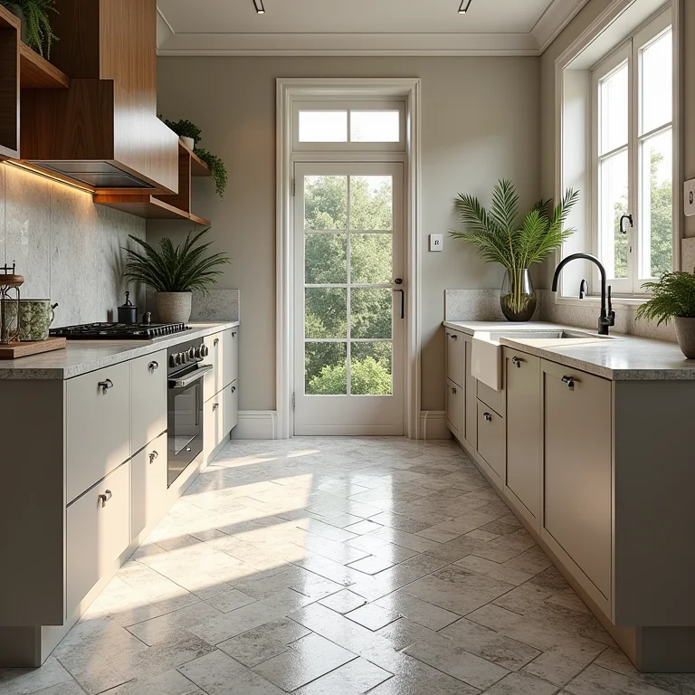 Cozinha com piso de ladrilho hidráulico