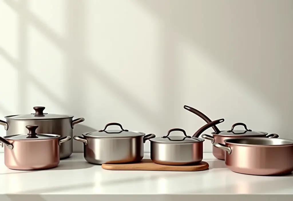 Cozinha minimalista com armário de panelas organizado.