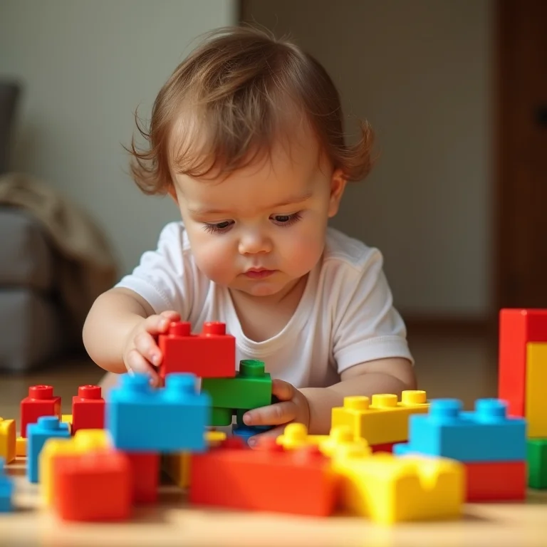 Criança concentrada brincando com blocos de montar coloridos.