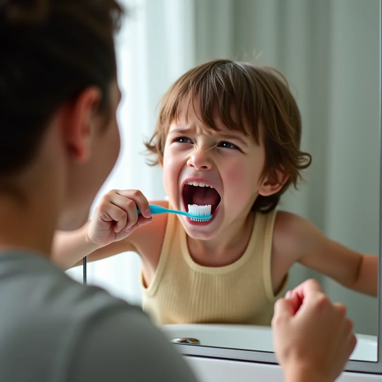 Criança frustrada se recusando a escovar os dentes, pai ou mãe incentivando com paciência.