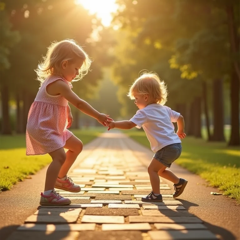 Crianças brincando de amarelinha ao ar livre.