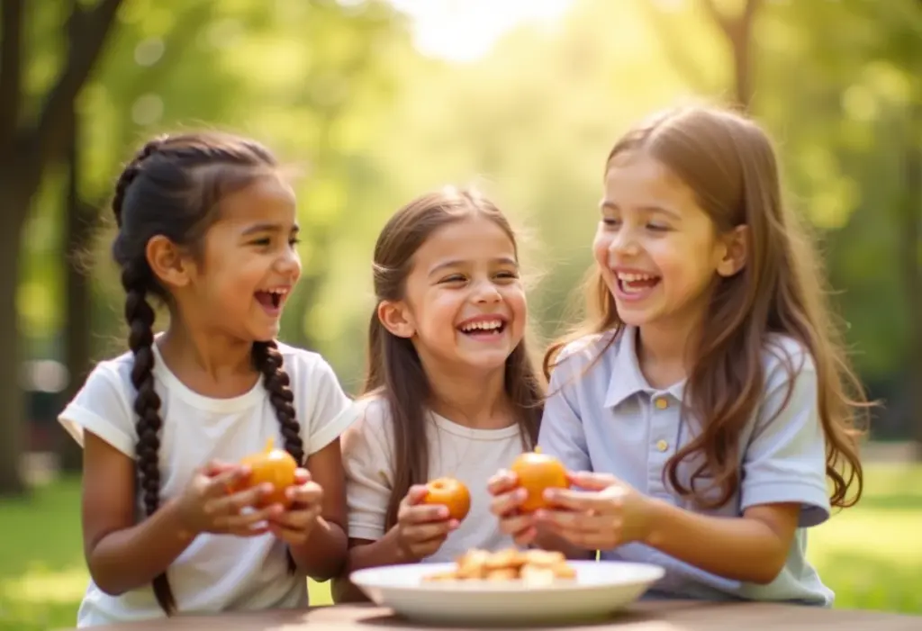 Crianças brincando em um parque ensolarado, desfrutando de lanches saudáveis.
