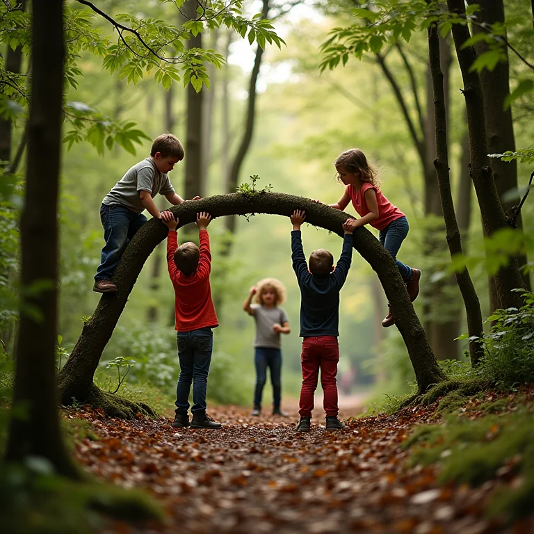 Crianças construindo um forte com galhos e folhas na floresta.