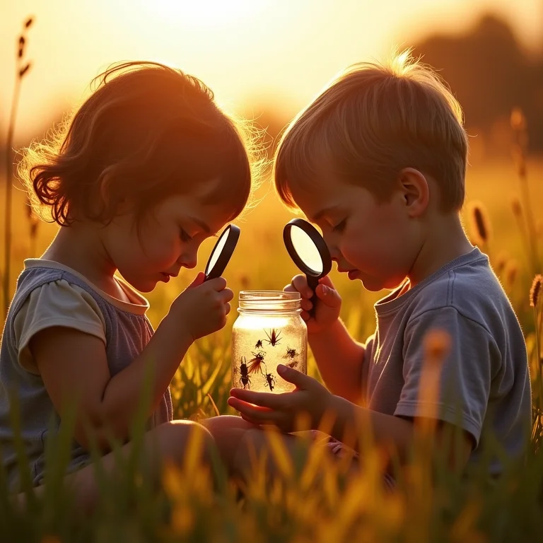Crianças examinando insetos em um pote com lupas.