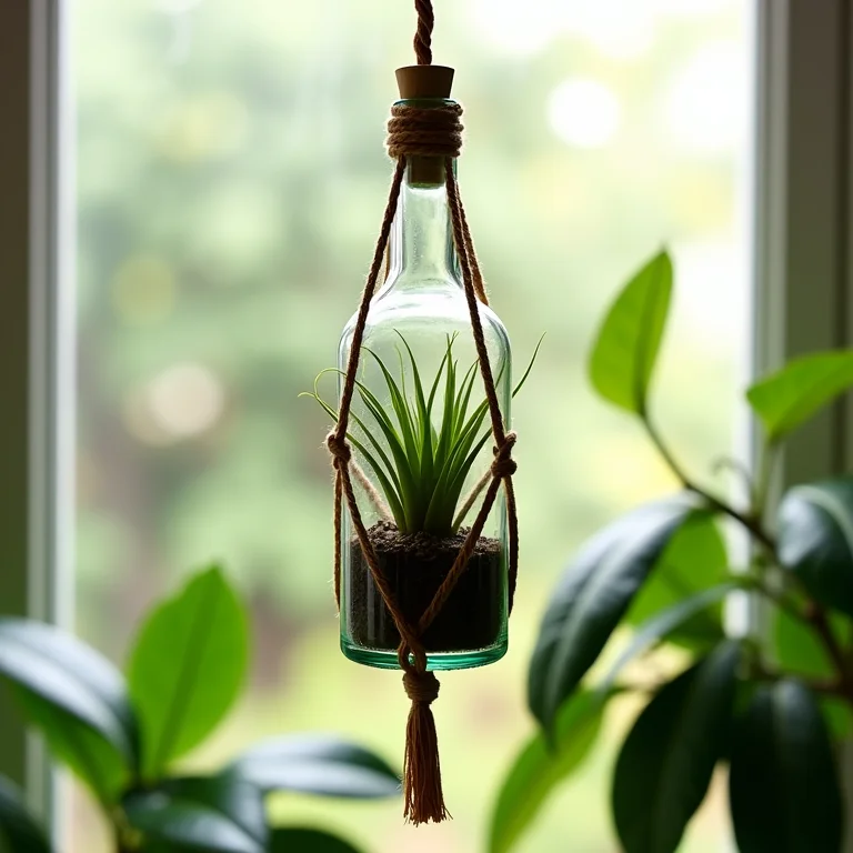 Decoração suspensa com garrafinhas de vidro e plantas aéreas