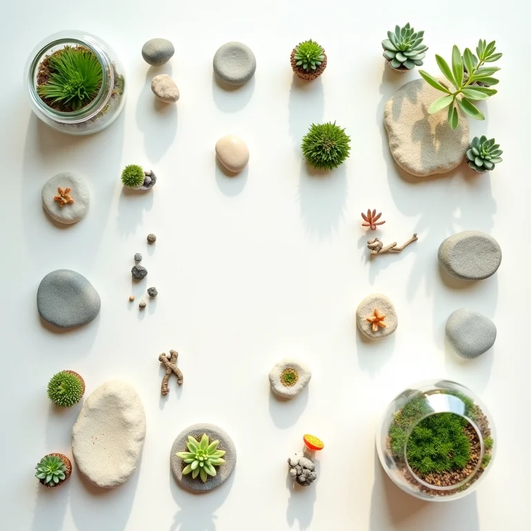 Decorações variadas para terrário em estilo flat lay.
