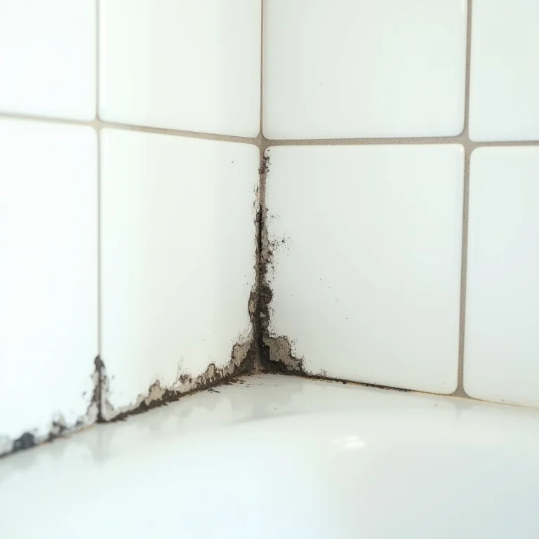 Detalhe de azulejos de banheiro com bolor escuro entre as juntas